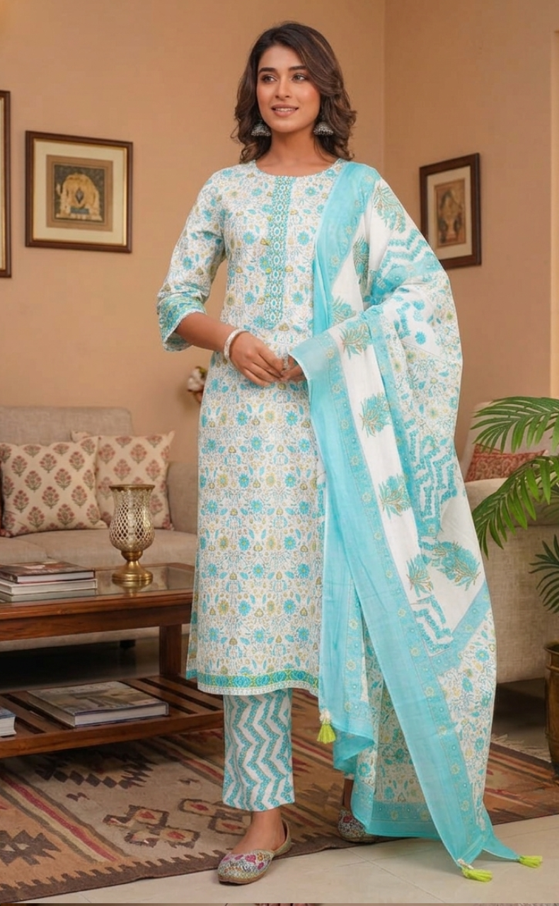 Sea Green Garden Jaipur Cotton Kurti With Pant And Dupatta Set. Pure Versatile Cotton. | Laces and Frills