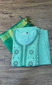 Green Embroidery Kurti With Pant And Dupatta Set.Pure Versatile Cotton. | Laces and Frills - Laces and Frills