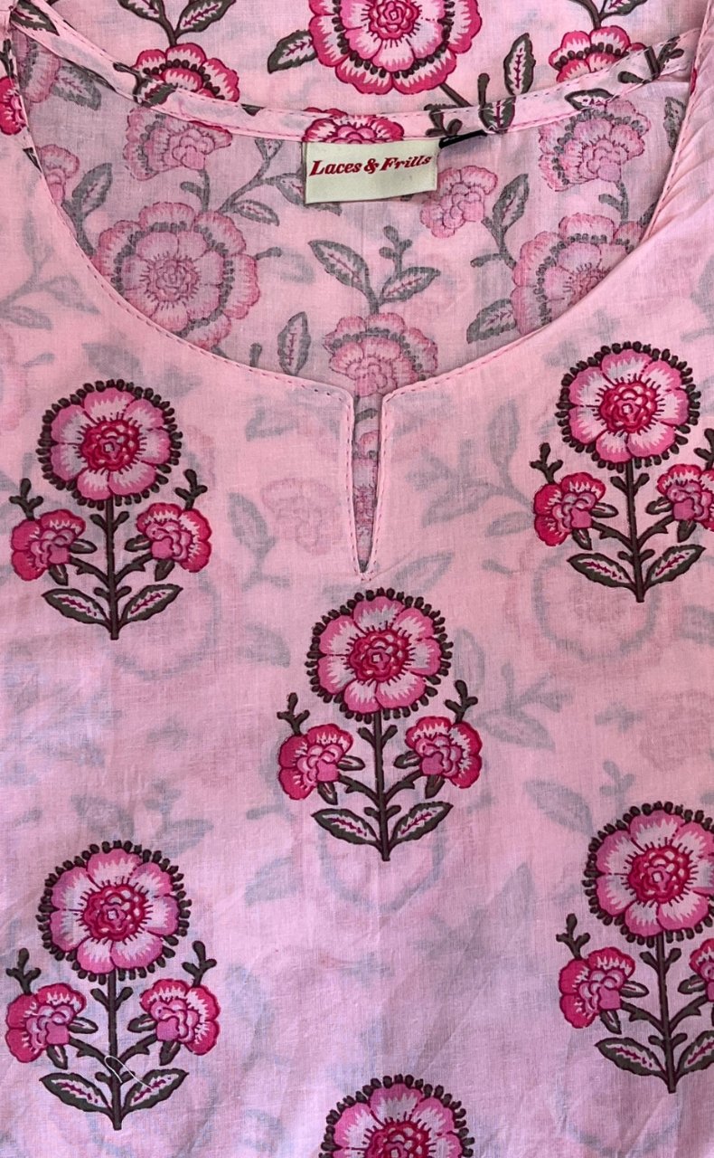 Pink Floral Jaipur Cotton Kurti With Pant And Dupatta Set. Pure Versatile Cotton. | Laces and Frills