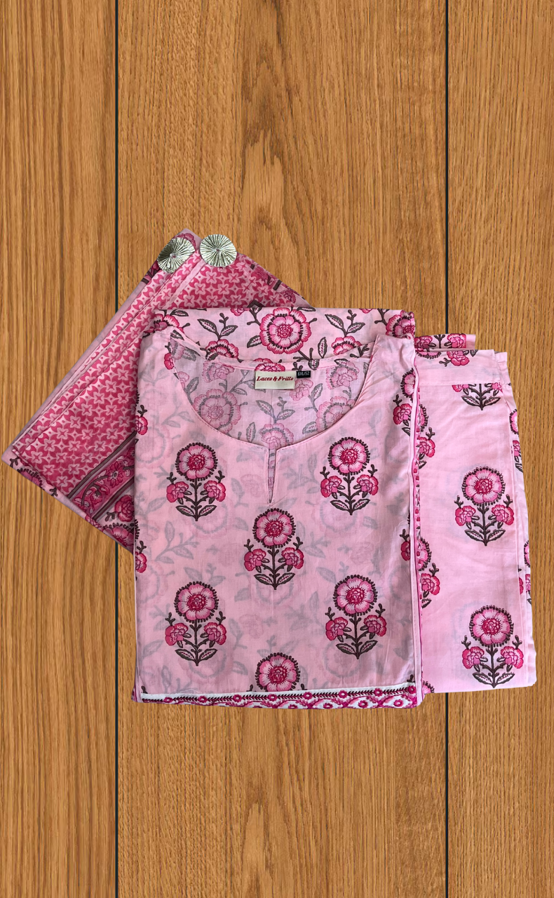Pink Floral Jaipur Cotton Kurti With Pant And Dupatta Set. Pure Versatile Cotton. | Laces and Frills