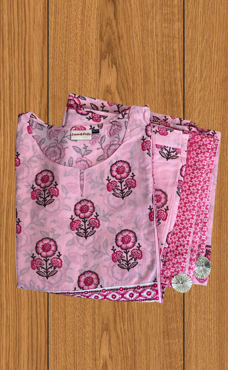 Pink Floral Jaipur Cotton Kurti With Pant And Dupatta Set. Pure Versatile Cotton. | Laces and Frills