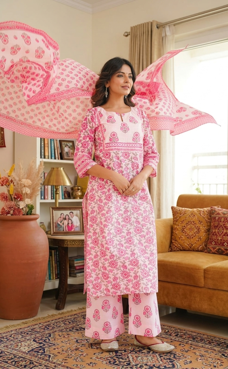Pink Floral Jaipur Cotton Kurti With Pant And Dupatta Set. Pure Versatile Cotton. | Laces and Frills