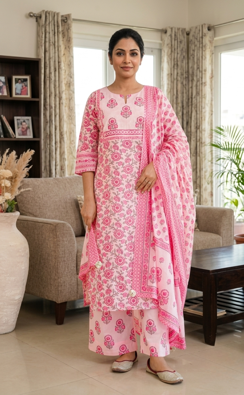 Pink Floral Jaipur Cotton Kurti With Pant And Dupatta Set. Pure Versatile Cotton. | Laces and Frills