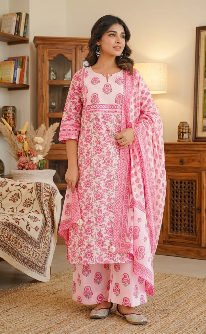 Pink Floral Jaipur Cotton Kurti With Pant And Dupatta Set. Pure Versatile Cotton. | Laces and Frills