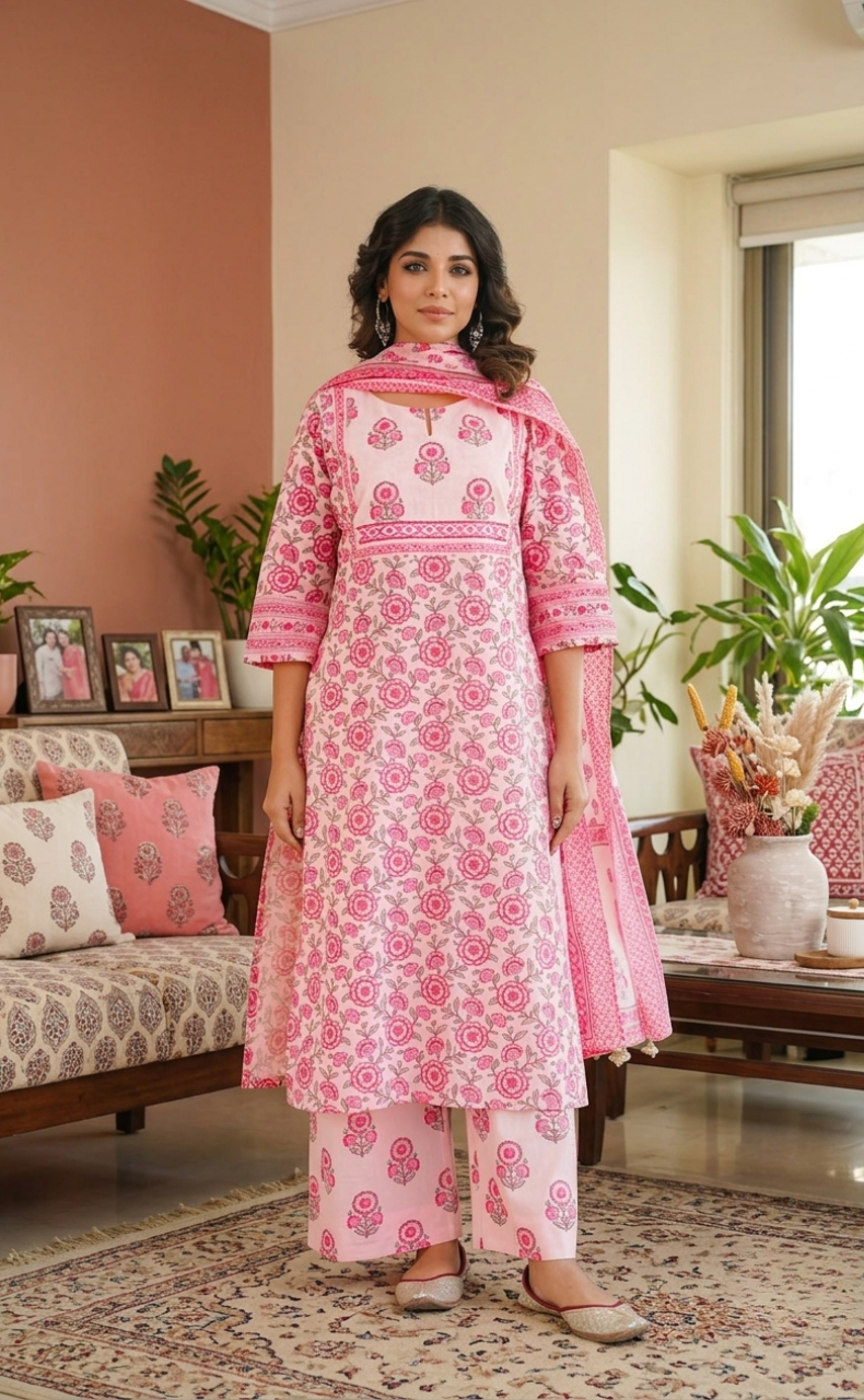 Pink Floral Jaipur Cotton Kurti With Pant And Dupatta Set. Pure Versatile Cotton. | Laces and Frills