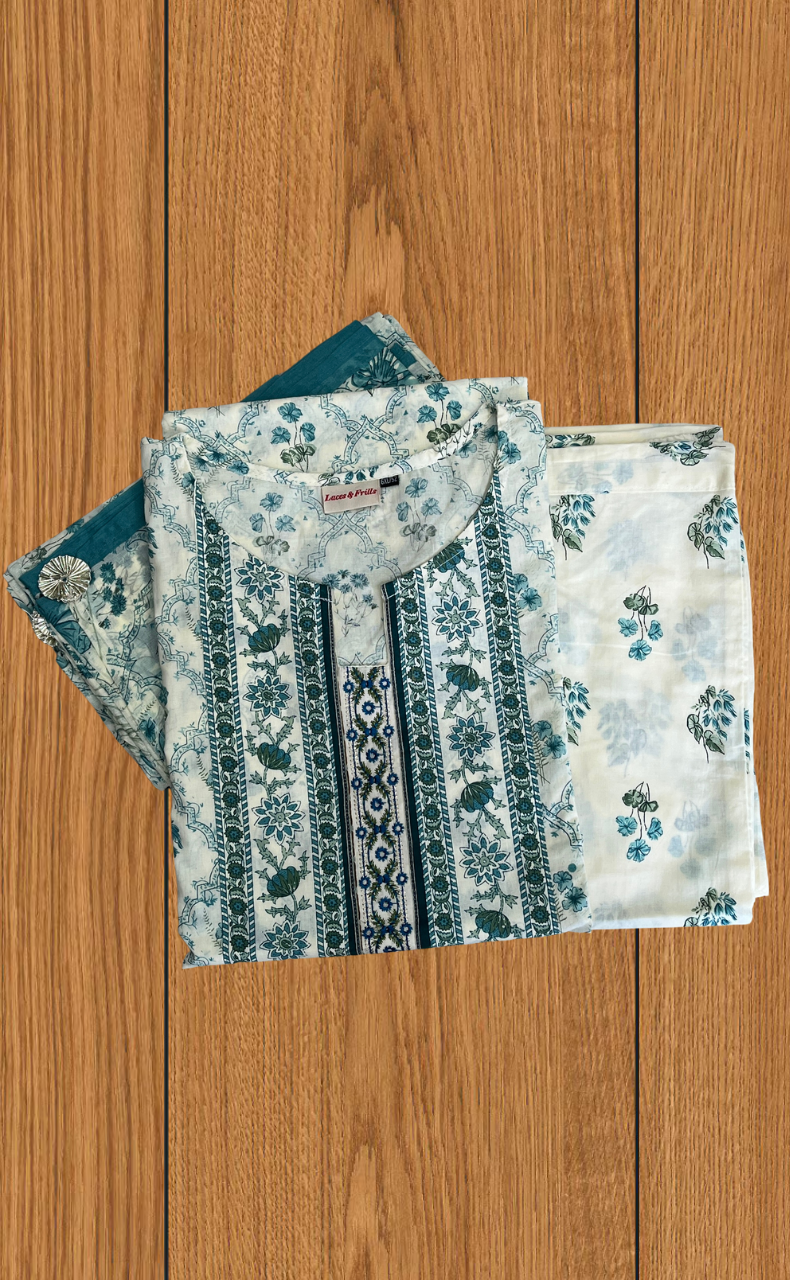 Sea Green Garden Jaipur Cotton Kurti With Pant And Dupatta Set. Pure Versatile Cotton. | Laces and Frills