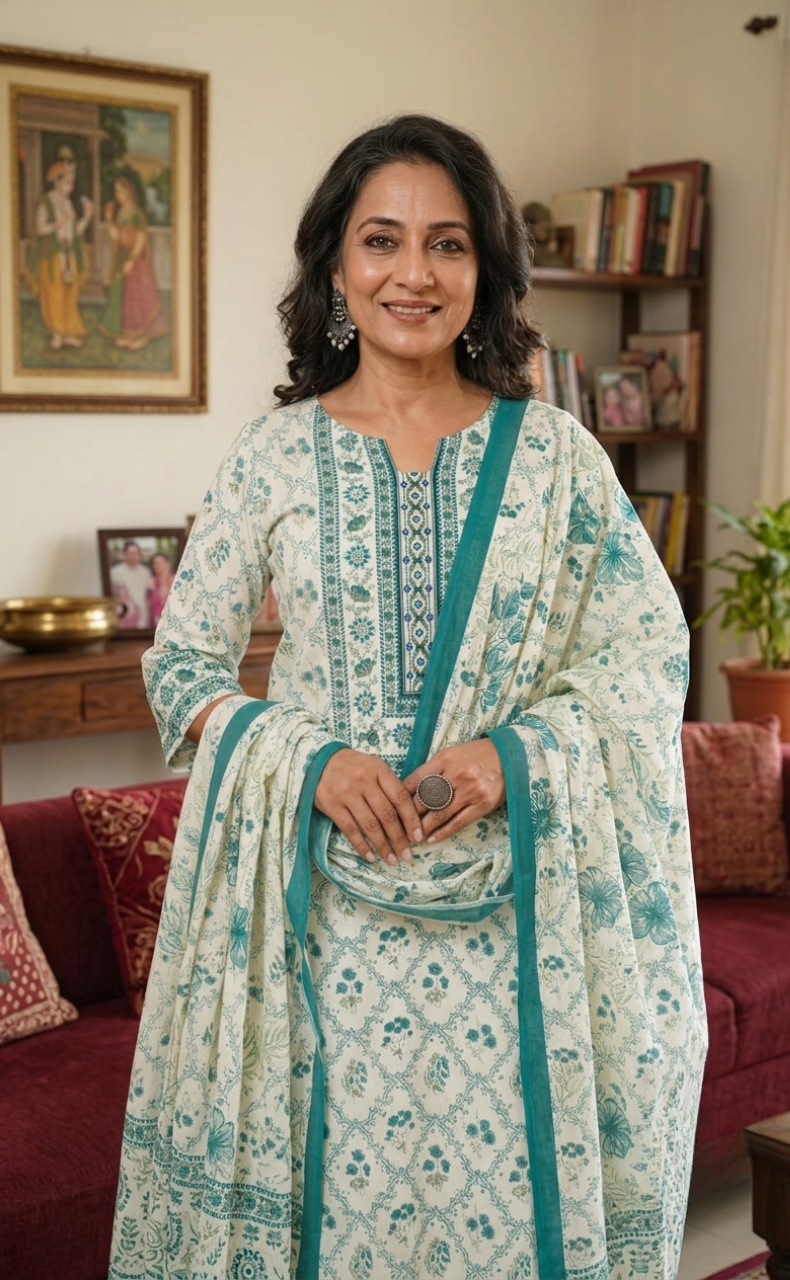 Sea Green Garden Jaipur Cotton Kurti With Pant And Dupatta Set. Pure Versatile Cotton. | Laces and Frills