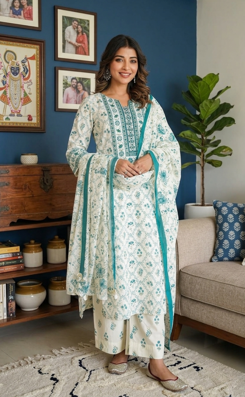 Sea Green Garden Jaipur Cotton Kurti With Pant And Dupatta Set. Pure Versatile Cotton. | Laces and Frills