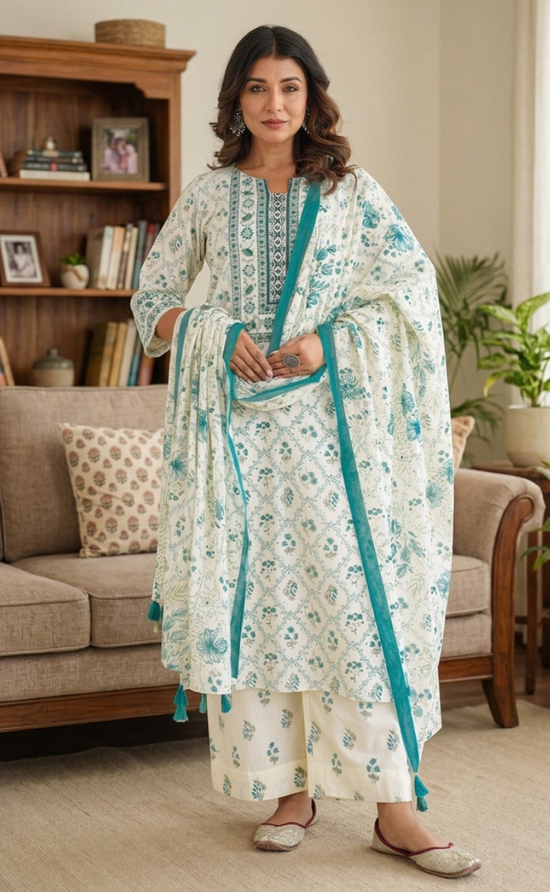 Sea Green Garden Jaipur Cotton Kurti With Pant And Dupatta Set. Pure Versatile Cotton. | Laces and Frills
