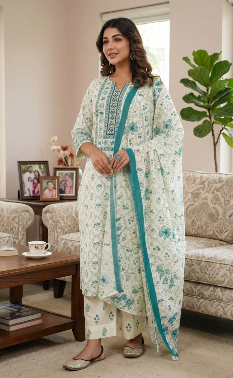 Sea Green Garden Jaipur Cotton Kurti With Pant And Dupatta Set. Pure Versatile Cotton. | Laces and Frills