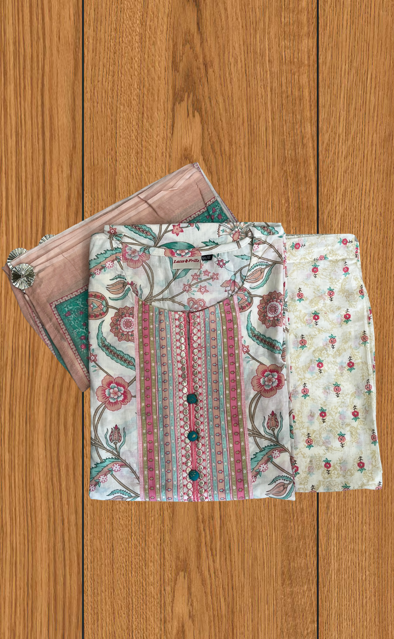 Peach Garden Jaipur Cotton Kurti With Pant And Dupatta Set. Pure Versatile Cotton. | Laces and Frills