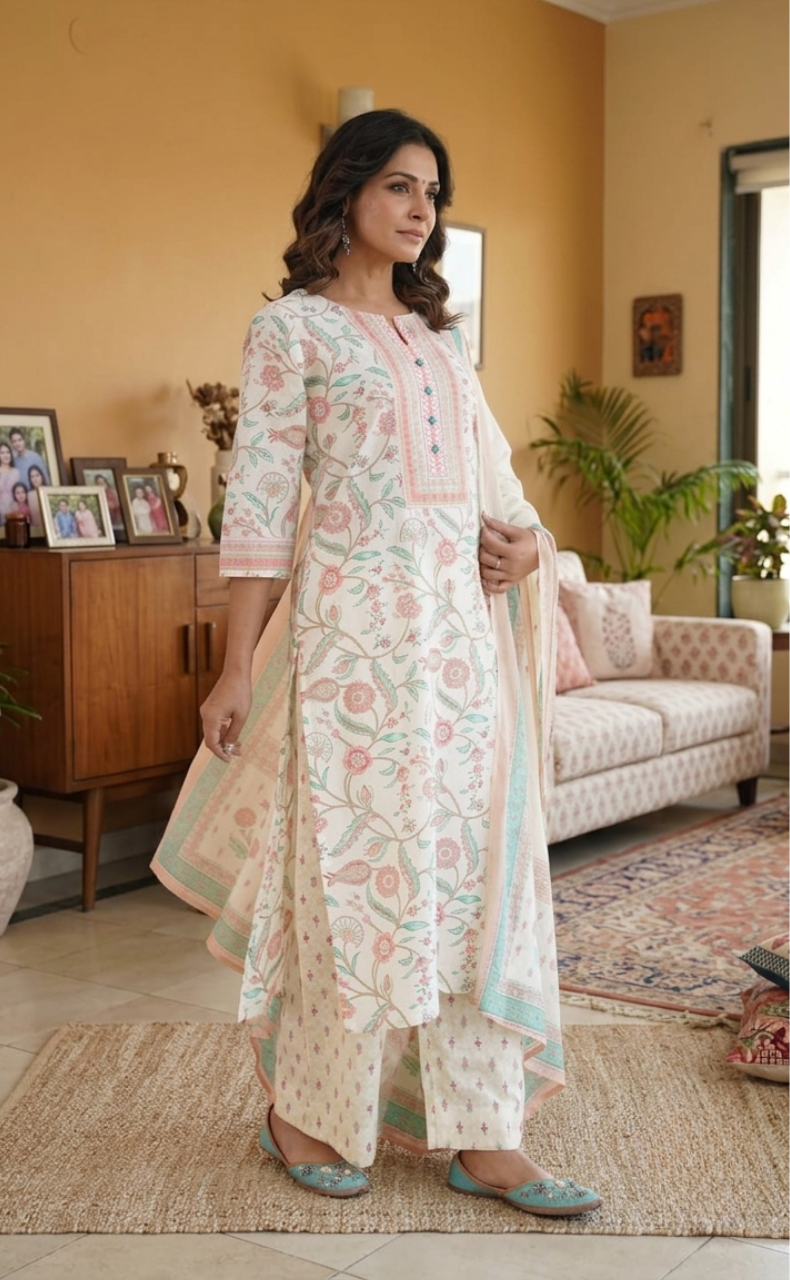 Peach Garden Jaipur Cotton Kurti With Pant And Dupatta Set. Pure Versatile Cotton. | Laces and Frills