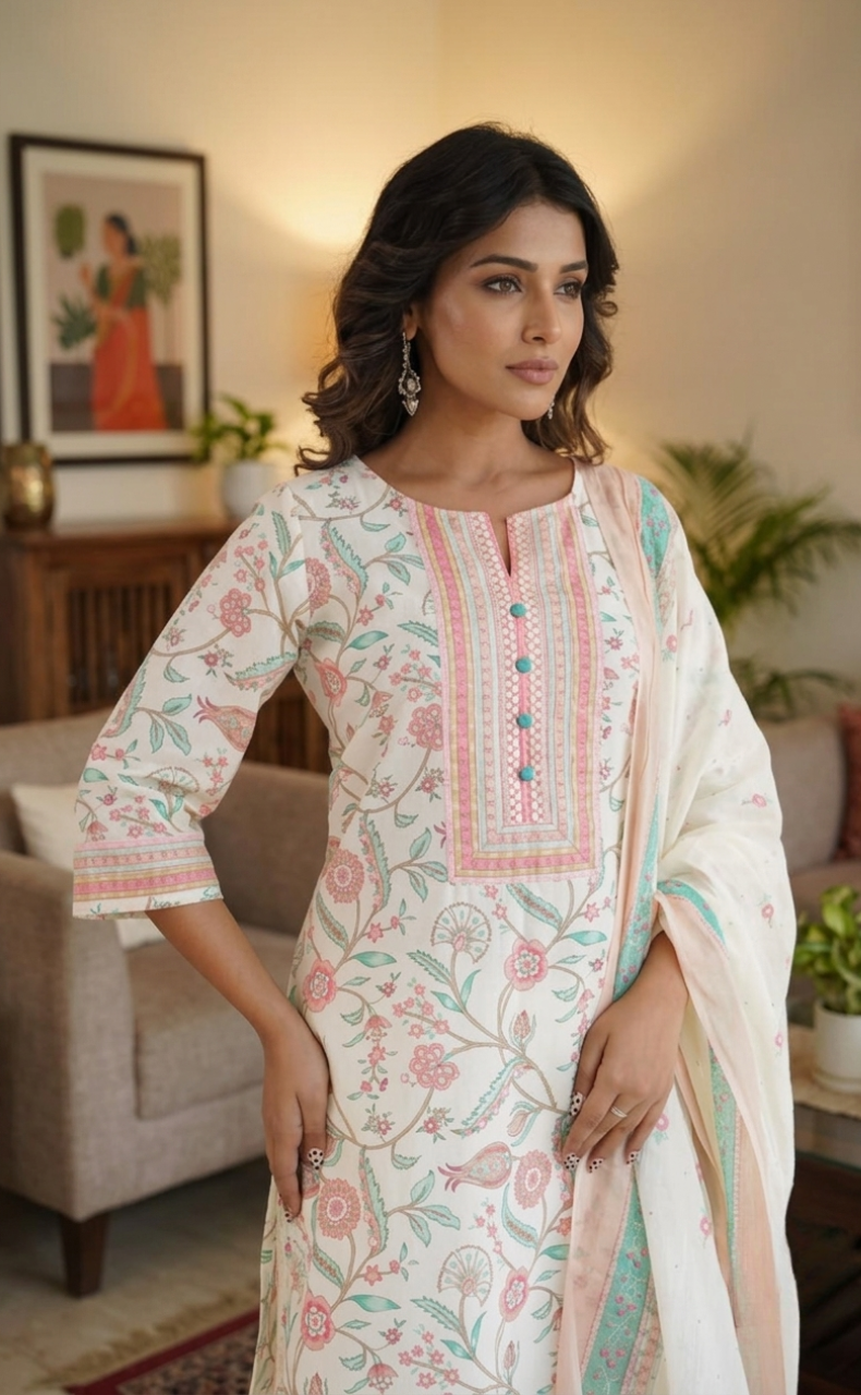 Peach Garden Jaipur Cotton Kurti With Pant And Dupatta Set. Pure Versatile Cotton. | Laces and Frills