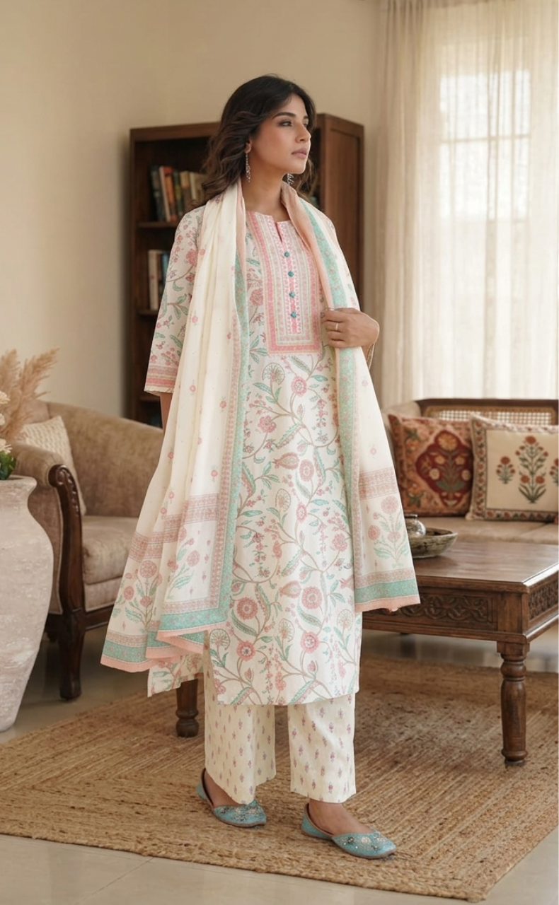 Peach Garden Jaipur Cotton Kurti With Pant And Dupatta Set. Pure Versatile Cotton. | Laces and Frills