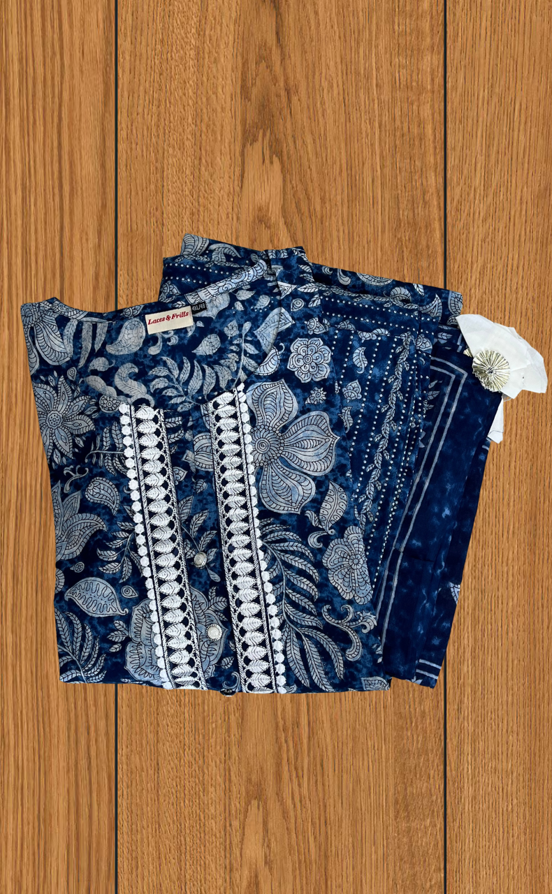 Blue Garden Jaipur Cotton Kurti With Pant And Dupatta Set. Pure Versatile Cotton. | Laces and Frills