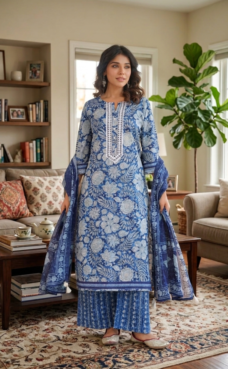 Blue Garden Jaipur Cotton Kurti With Pant And Dupatta Set. Pure Versatile Cotton. | Laces and Frills