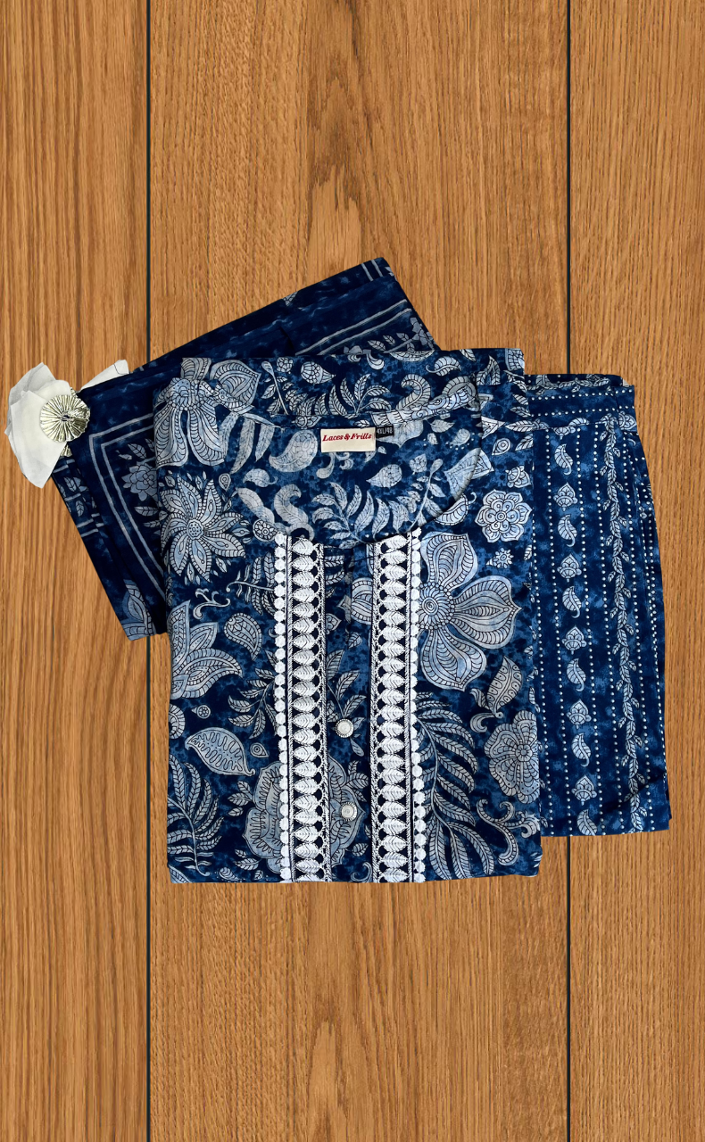 Blue Garden Jaipur Cotton Kurti With Pant And Dupatta Set. Pure Versatile Cotton. | Laces and Frills