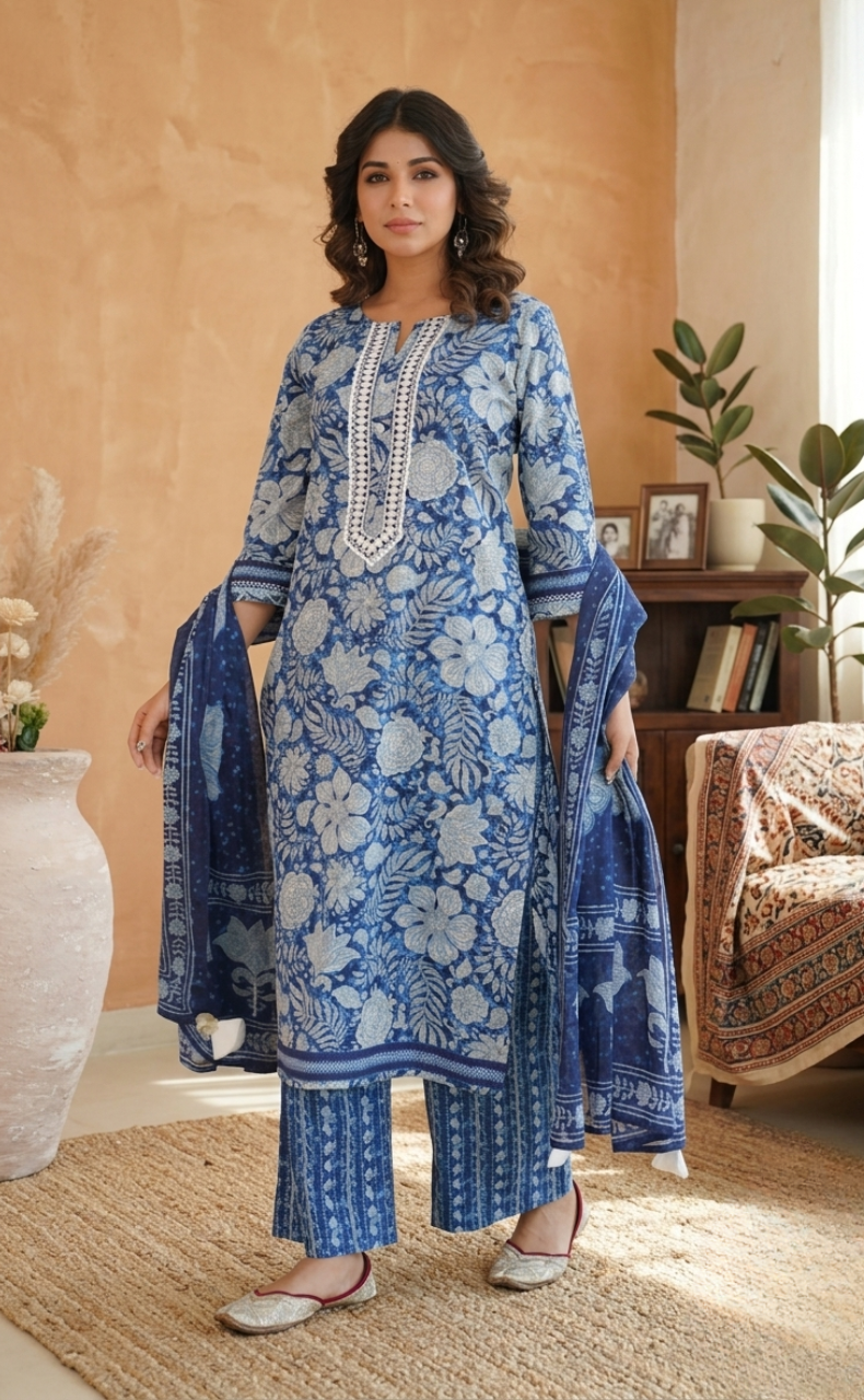 Blue Garden Jaipur Cotton Kurti With Pant And Dupatta Set. Pure Versatile Cotton. | Laces and Frills