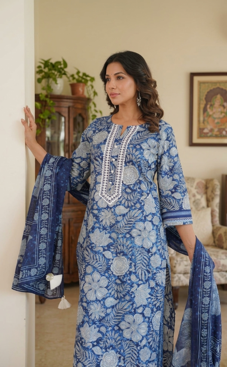Blue Garden Jaipur Cotton Kurti With Pant And Dupatta Set. Pure Versatile Cotton. | Laces and Frills