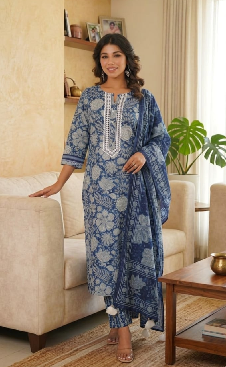 Blue Garden Jaipur Cotton Kurti With Pant And Dupatta Set. Pure Versatile Cotton. | Laces and Frills