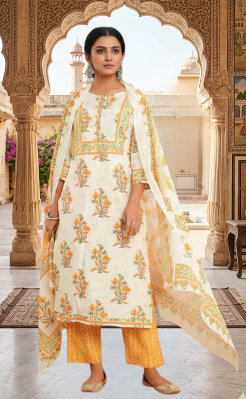 Mustard Floral Jaipur Cotton Kurti With Pant And Dupatta Set. Pure Versatile Cotton. | Laces and Frills