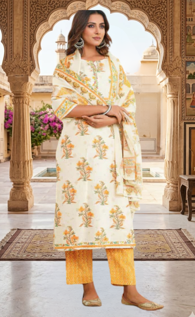 Mustard Floral Jaipur Cotton Kurti With Pant And Dupatta Set. Pure Versatile Cotton. | Laces and Frills