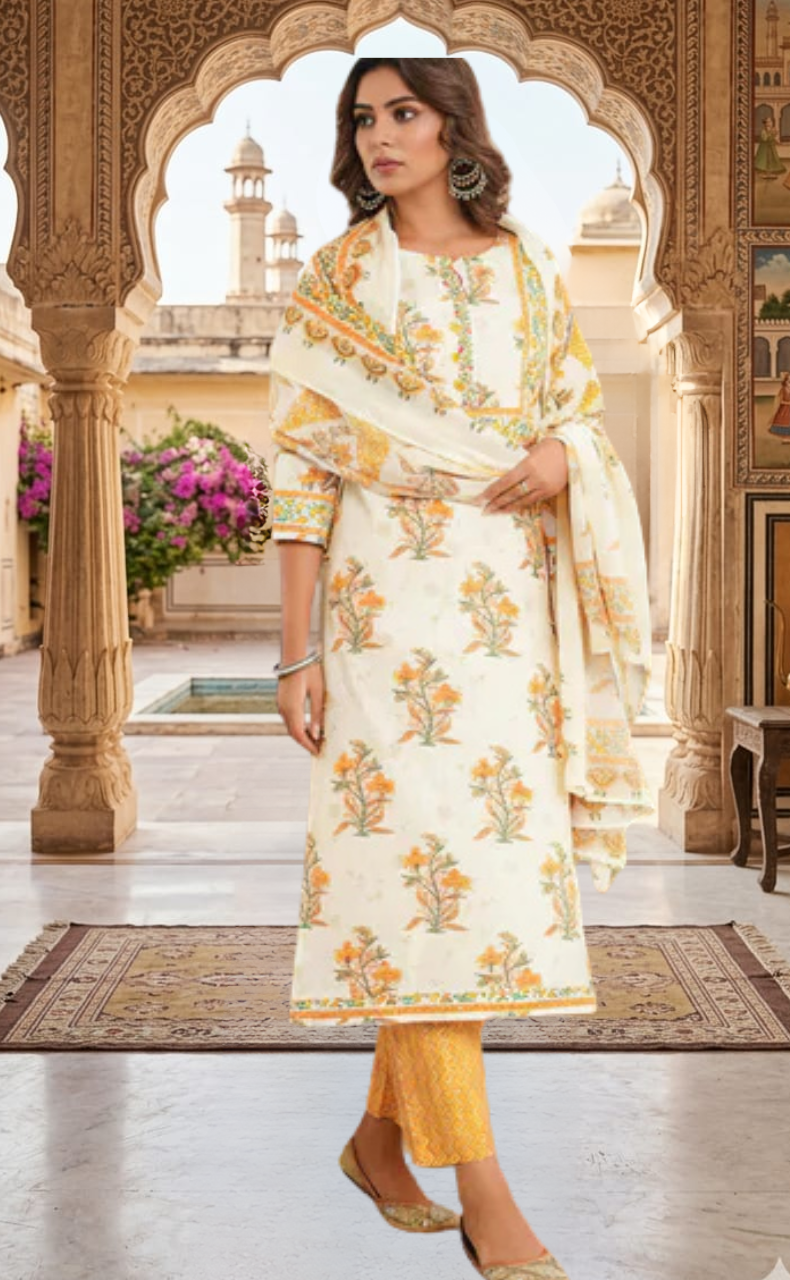 Mustard Floral Jaipur Cotton Kurti With Pant And Dupatta Set. Pure Versatile Cotton. | Laces and Frills