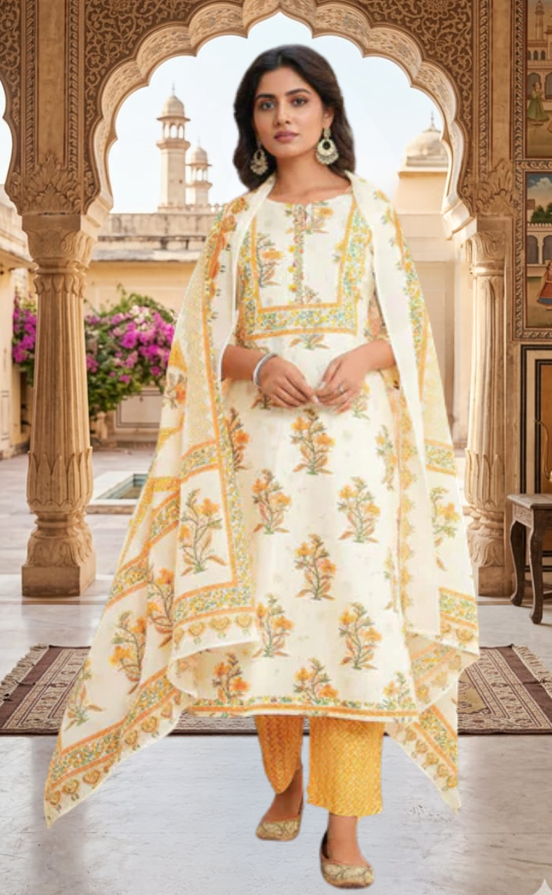 Mustard Floral Jaipur Cotton Kurti With Pant And Dupatta Set. Pure Versatile Cotton. | Laces and Frills