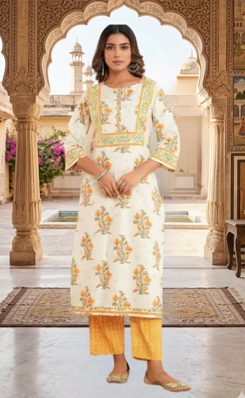 Mustard Floral Jaipur Cotton Kurti With Pant And Dupatta Set. Pure Versatile Cotton. | Laces and Frills