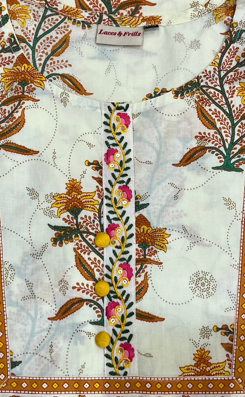 Mustard Floral Jaipur Cotton Kurti With Pant And Dupatta Set. Pure Versatile Cotton. | Laces and Frills