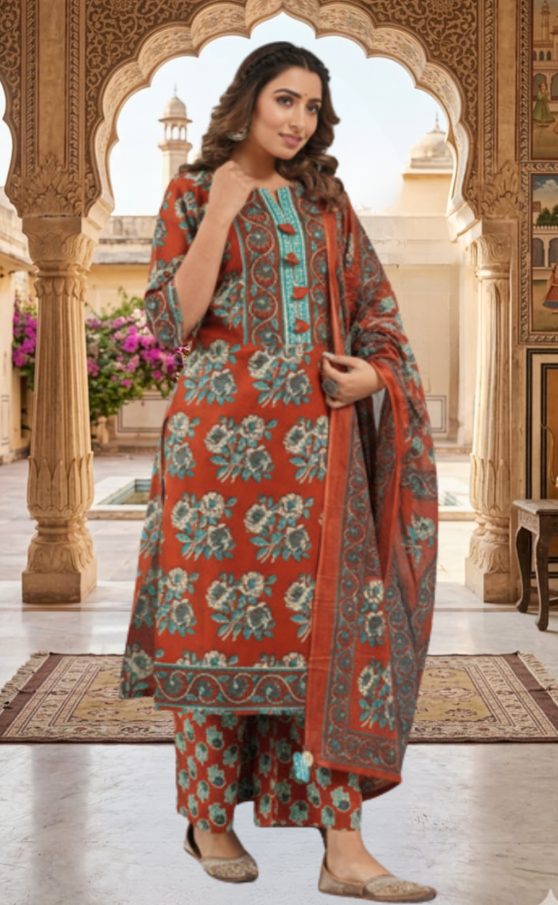 Brick Red Floral Jaipur Cotton Kurti With Pant And Dupatta Set. Pure Versatile Cotton. | Laces and Frills