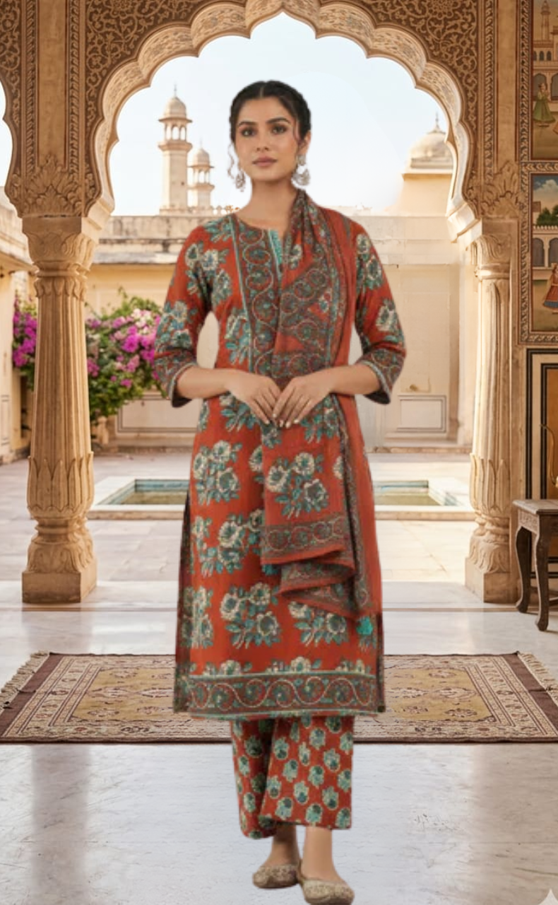Brick Red Floral Jaipur Cotton Kurti With Pant And Dupatta Set. Pure Versatile Cotton. | Laces and Frills
