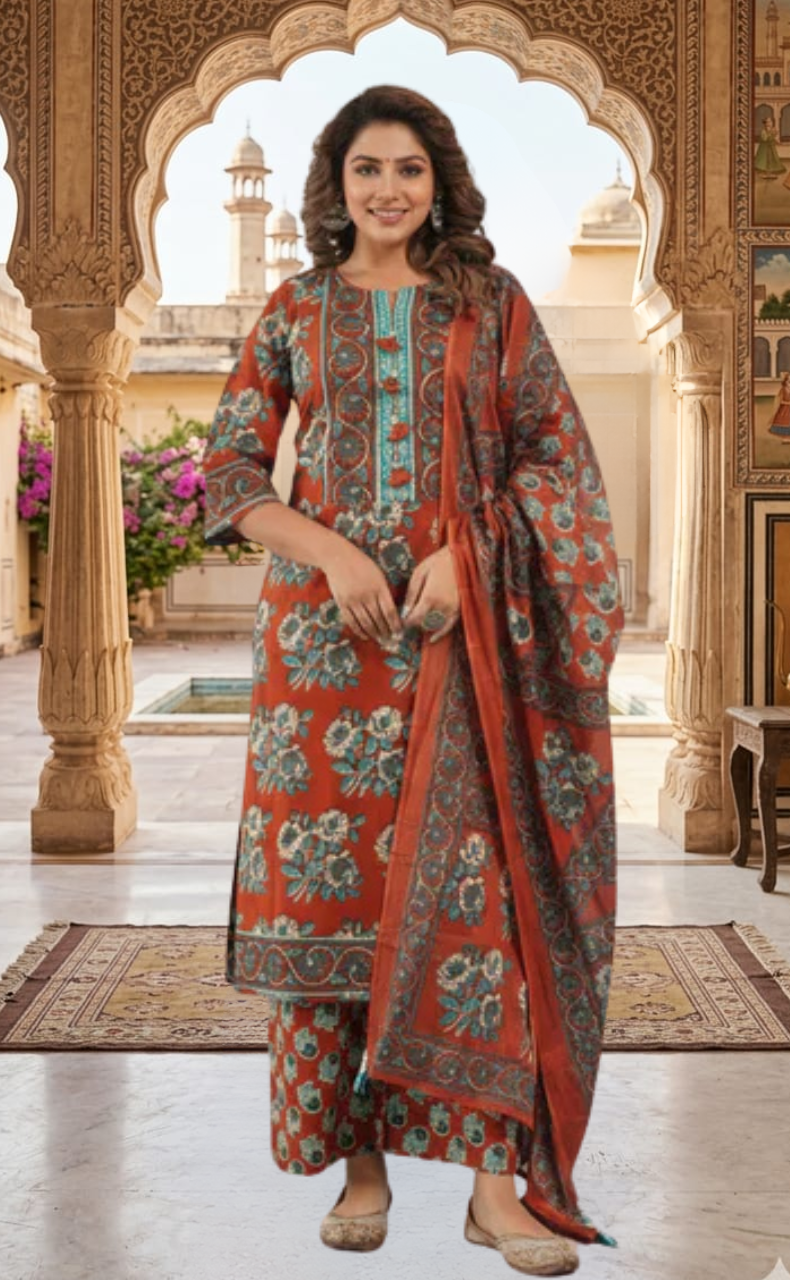 Brick Red Floral Jaipur Cotton Kurti With Pant And Dupatta Set. Pure Versatile Cotton. | Laces and Frills