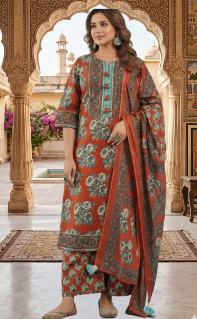 Brick Red Floral Jaipur Cotton Kurti With Pant And Dupatta Set. Pure Versatile Cotton. | Laces and Frills