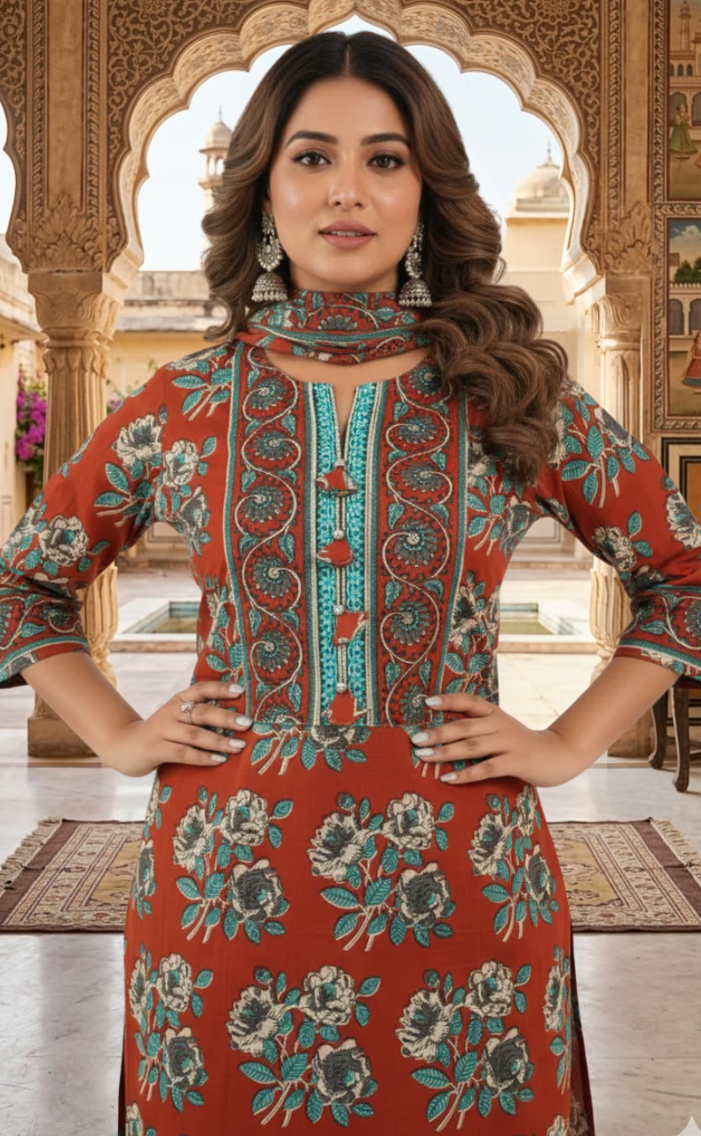 Brick Red Floral Jaipur Cotton Kurti With Pant And Dupatta Set. Pure Versatile Cotton. | Laces and Frills
