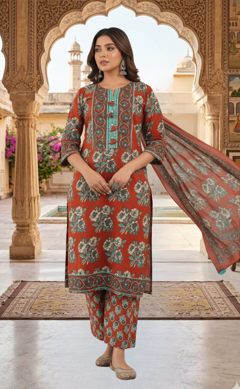 Brick Red Floral Jaipur Cotton Kurti With Pant And Dupatta Set. Pure Versatile Cotton. | Laces and Frills