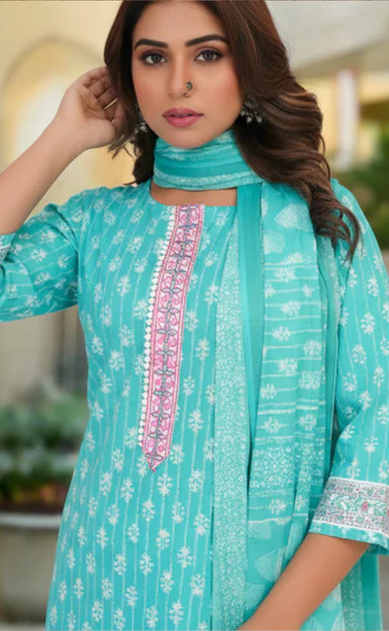 Sea Green Tiny Flora Jaipur Cotton Kurti With Pant And Dupatta Set. Pure Versatile Cotton. | Laces and Frills