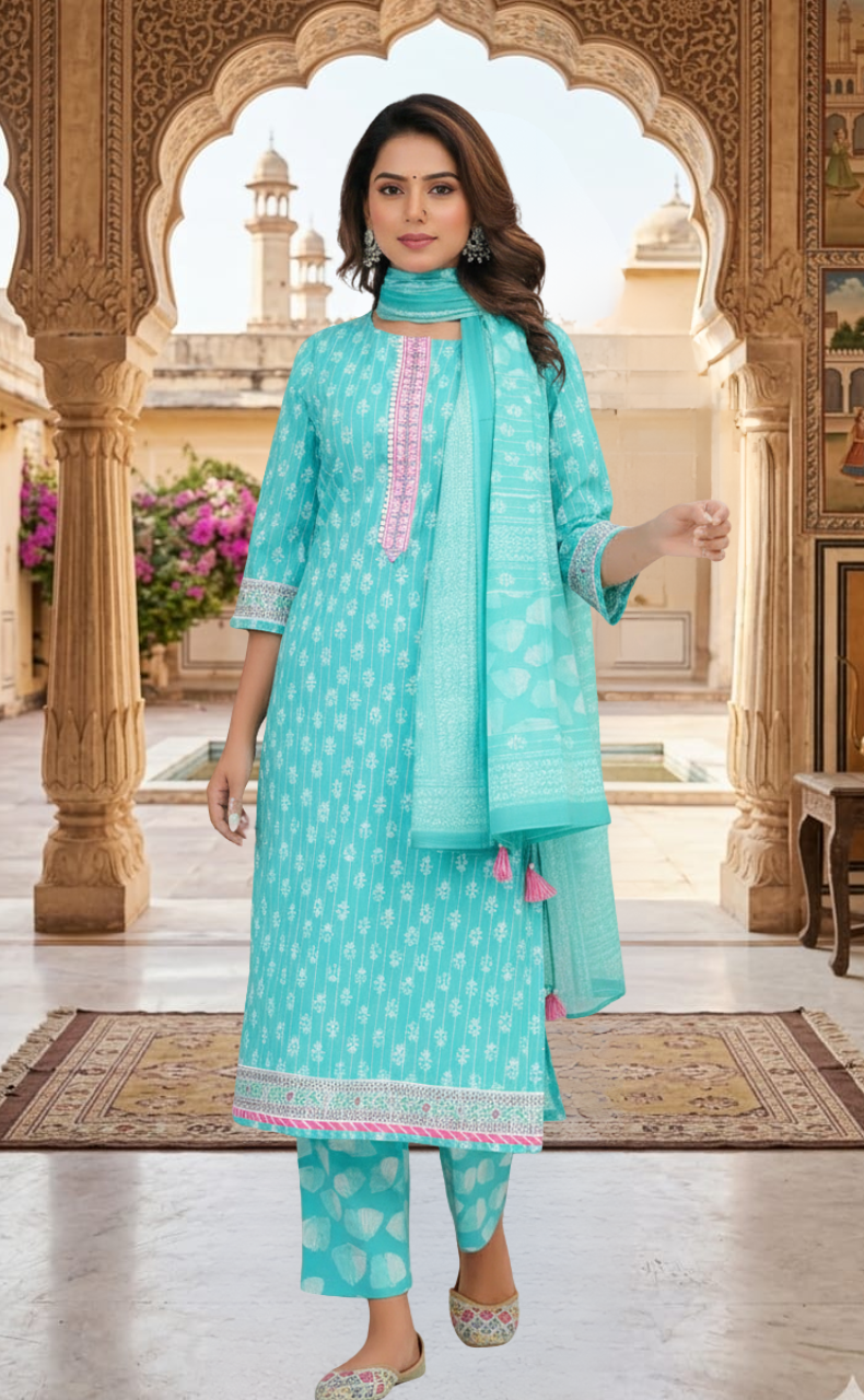 Sea Green Tiny Flora Jaipur Cotton Kurti With Pant And Dupatta Set. Pure Versatile Cotton. | Laces and Frills