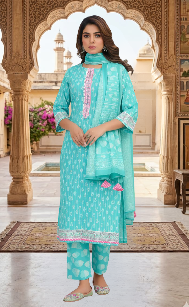 Sea Green Tiny Flora Jaipur Cotton Kurti With Pant And Dupatta Set. Pure Versatile Cotton. | Laces and Frills