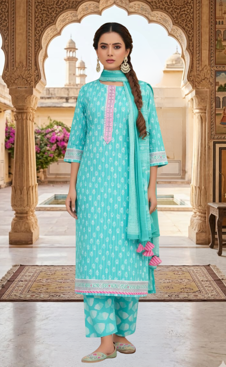 Sea Green Tiny Flora Jaipur Cotton Kurti With Pant And Dupatta Set. Pure Versatile Cotton. | Laces and Frills