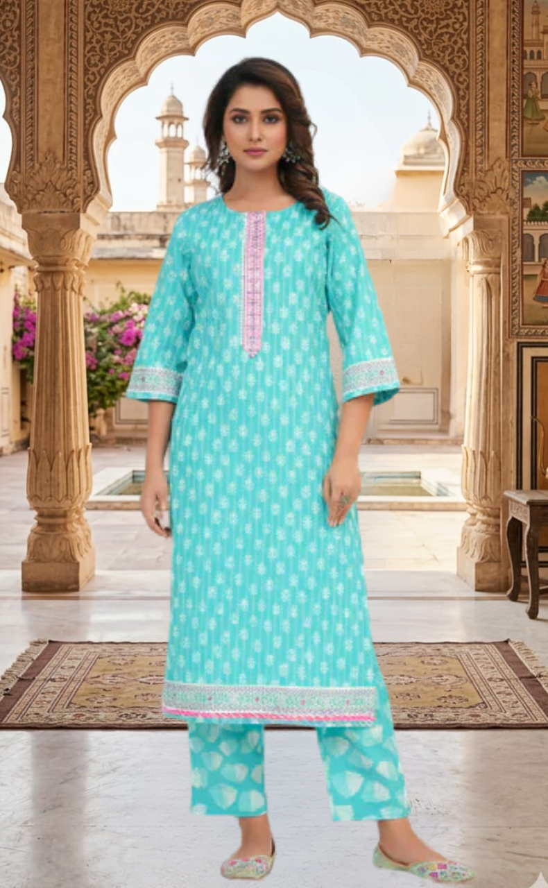 Sea Green Tiny Flora Jaipur Cotton Kurti With Pant And Dupatta Set. Pure Versatile Cotton. | Laces and Frills