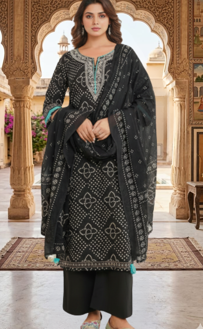 Black Bandini Jaipur Cotton Kurti With Pant And Dupatta Set. Pure Versatile Cotton. | Laces and Frills