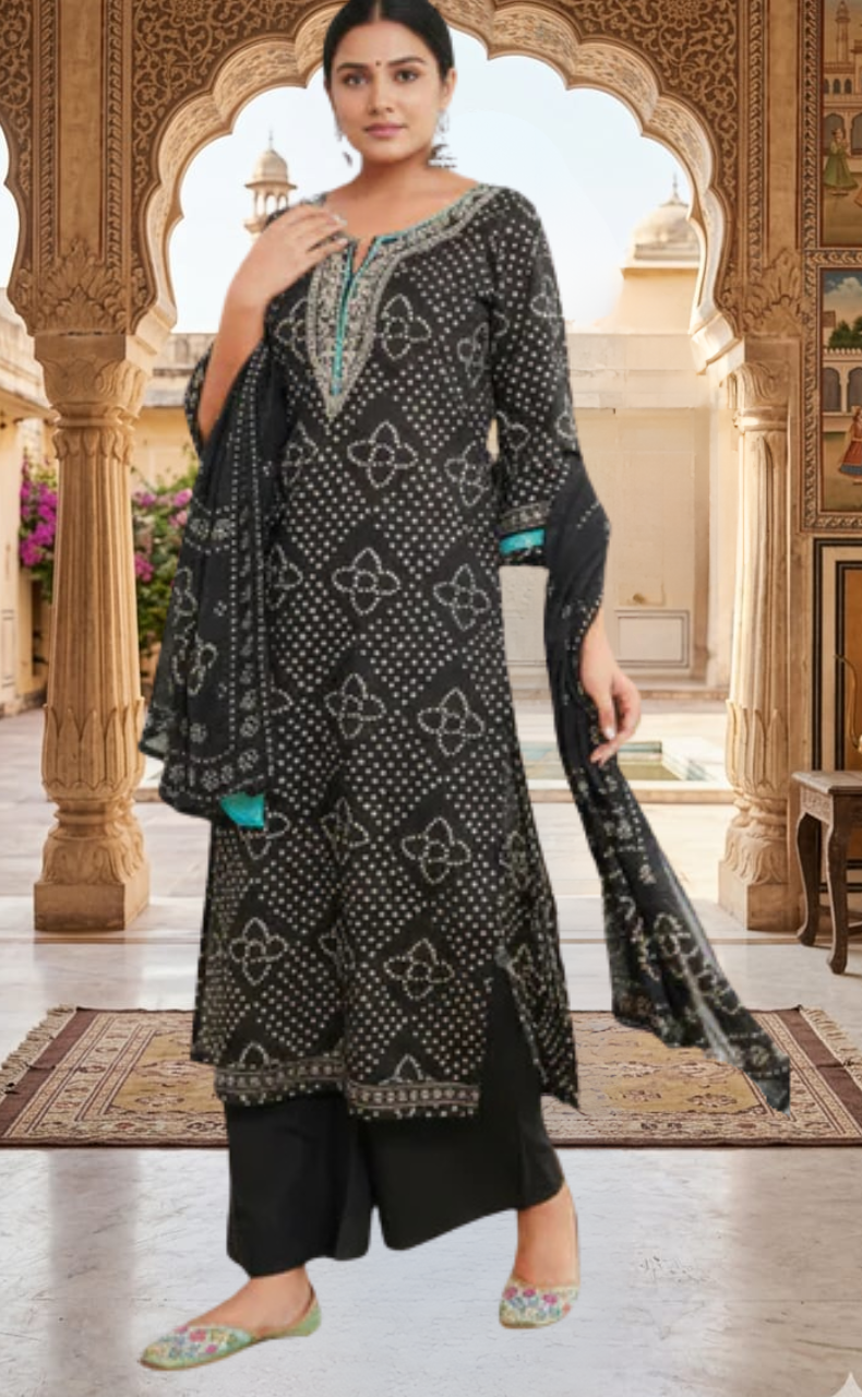 Black Bandini Jaipur Cotton Kurti With Pant And Dupatta Set. Pure Versatile Cotton. | Laces and Frills