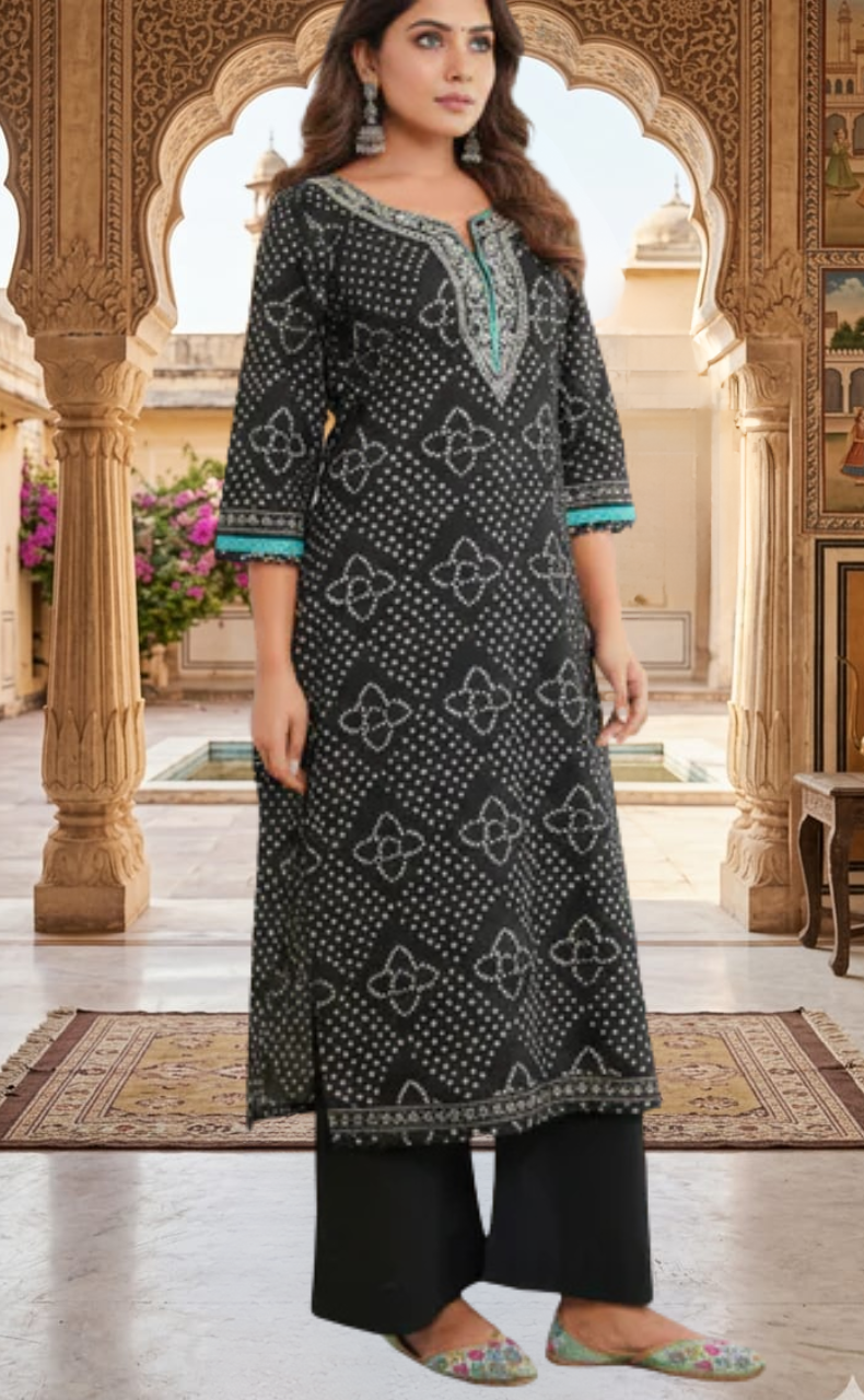 Black Bandini Jaipur Cotton Kurti With Pant And Dupatta Set. Pure Versatile Cotton. | Laces and Frills
