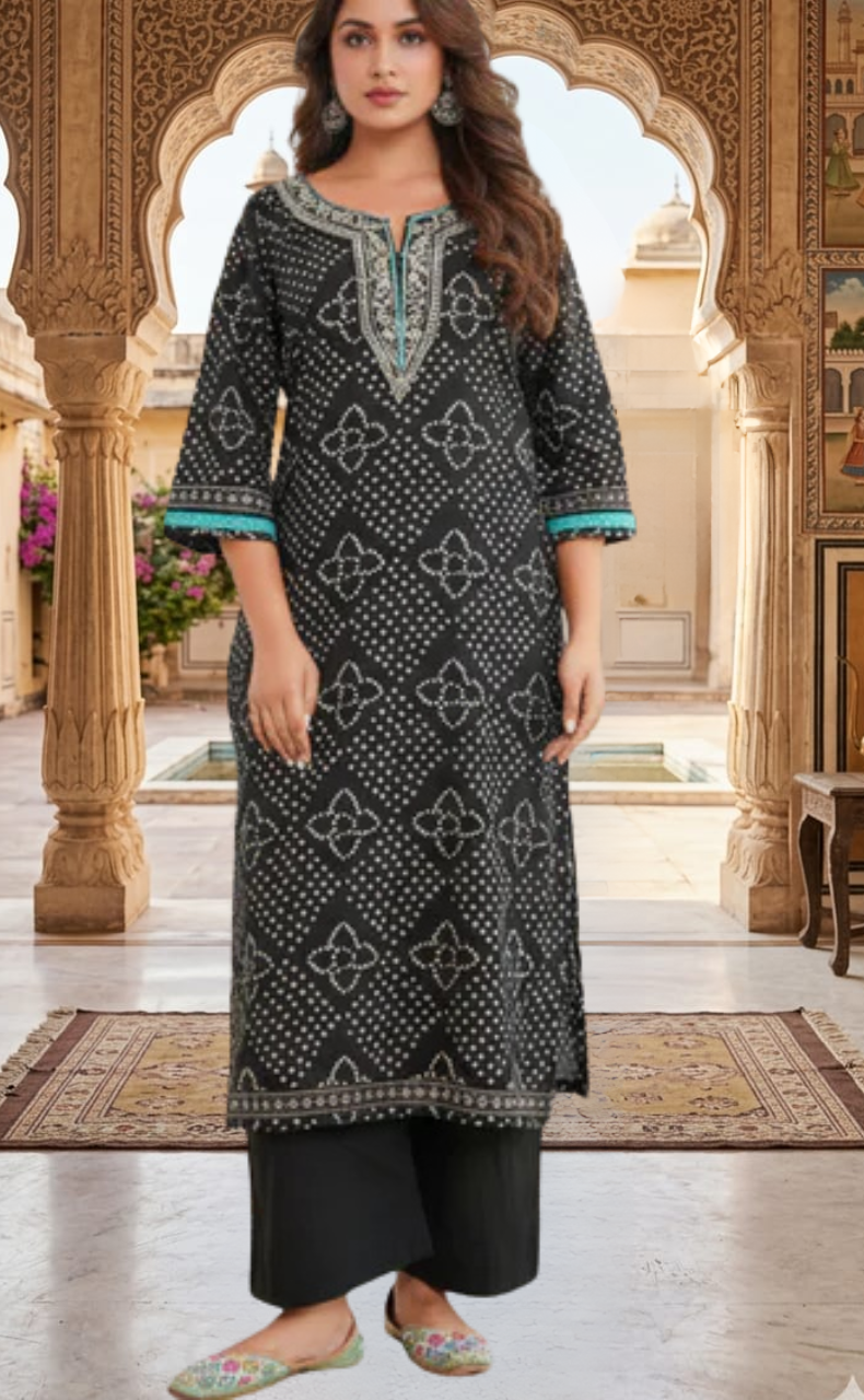 Black Bandini Jaipur Cotton Kurti With Pant And Dupatta Set. Pure Versatile Cotton. | Laces and Frills
