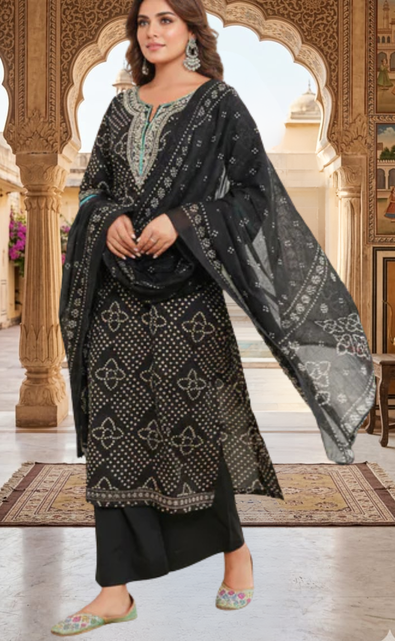 Black Bandini Jaipur Cotton Kurti With Pant And Dupatta Set. Pure Versatile Cotton. | Laces and Frills
