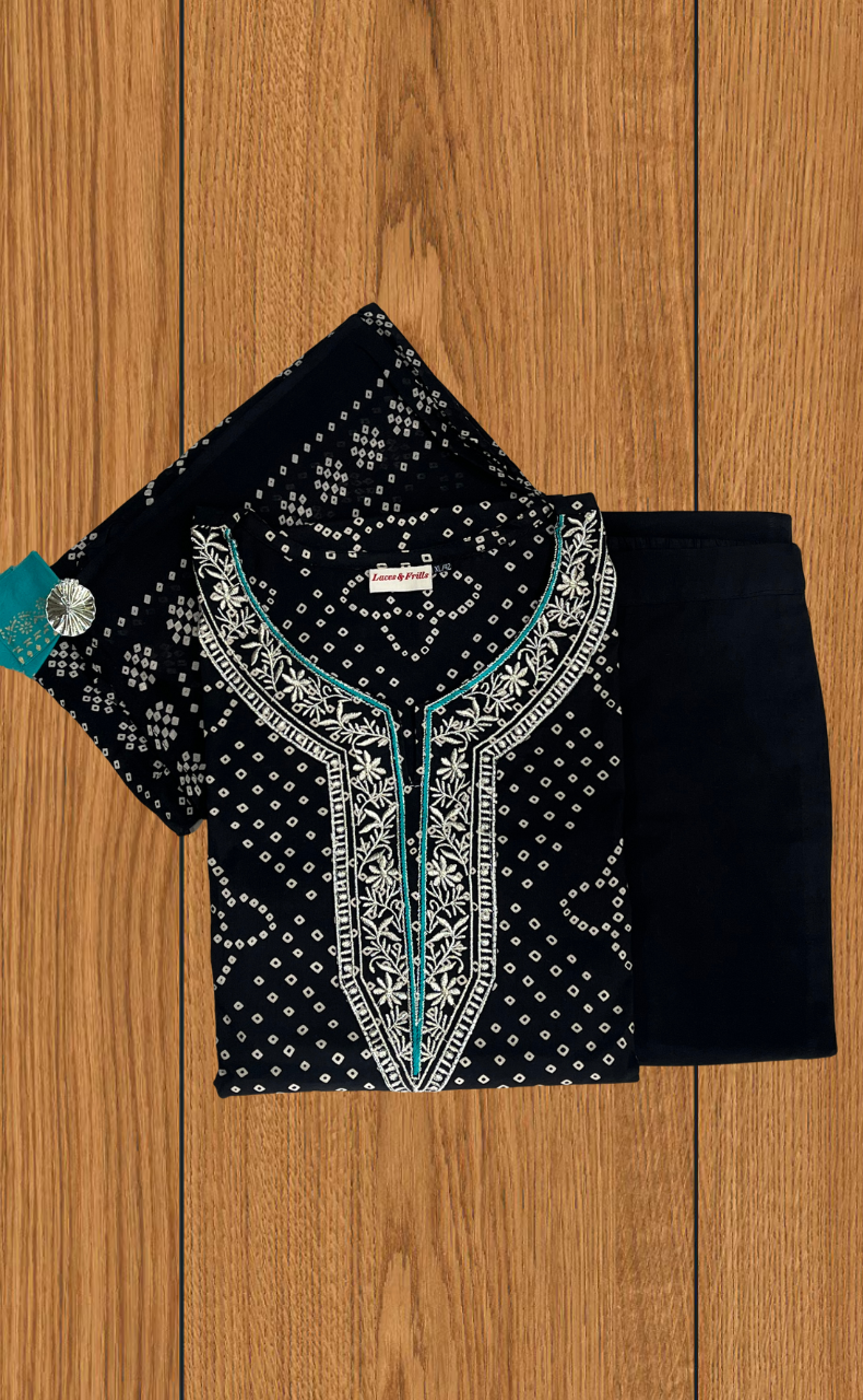 Black Bandini Jaipur Cotton Kurti With Pant And Dupatta Set. Pure Versatile Cotton. | Laces and Frills