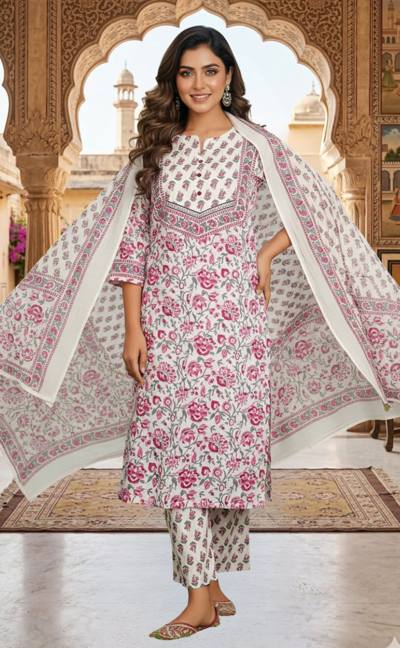 Wine Colour Floral Jaipur Cotton Kurti With Pant And Dupatta Set. Pure Versatile Cotton. | Laces and Frills