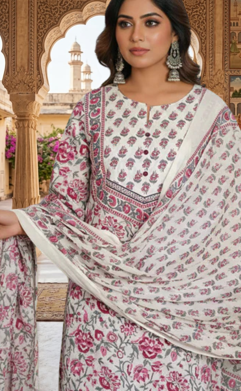 Wine Colour Floral Jaipur Cotton Kurti With Pant And Dupatta Set. Pure Versatile Cotton. | Laces and Frills
