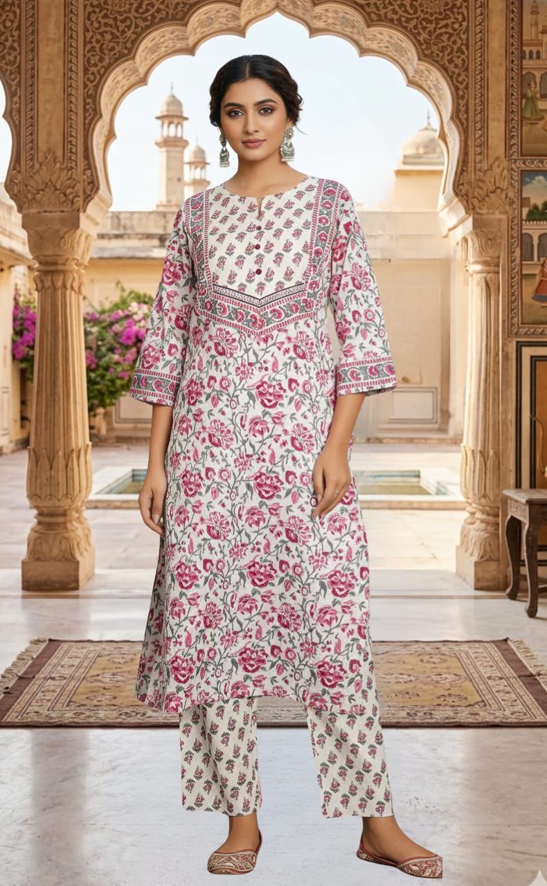 Wine Colour Floral Jaipur Cotton Kurti With Pant And Dupatta Set. Pure Versatile Cotton. | Laces and Frills